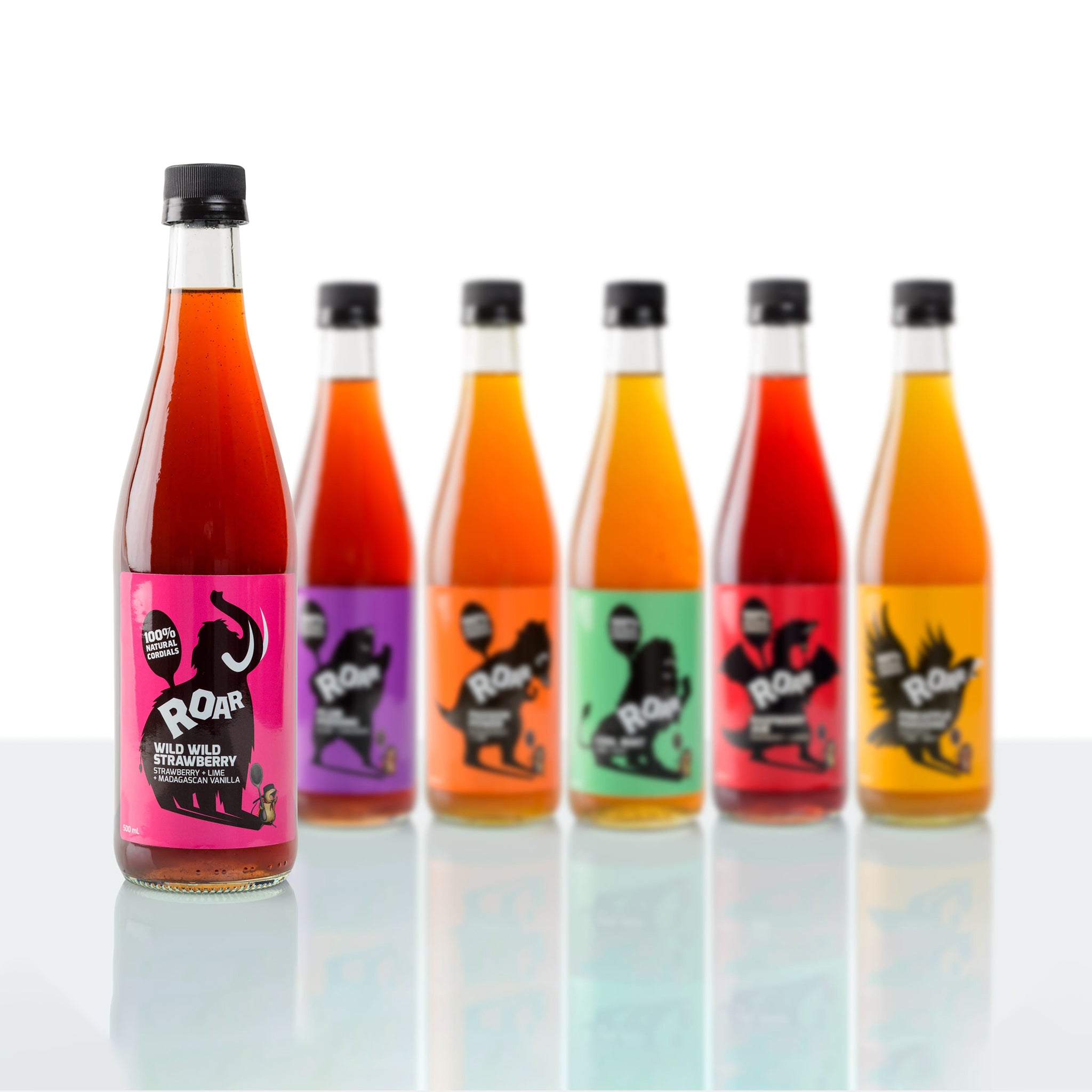 100% natural strawberry cordial highlighted in group shot of entire Roar Living cordial range