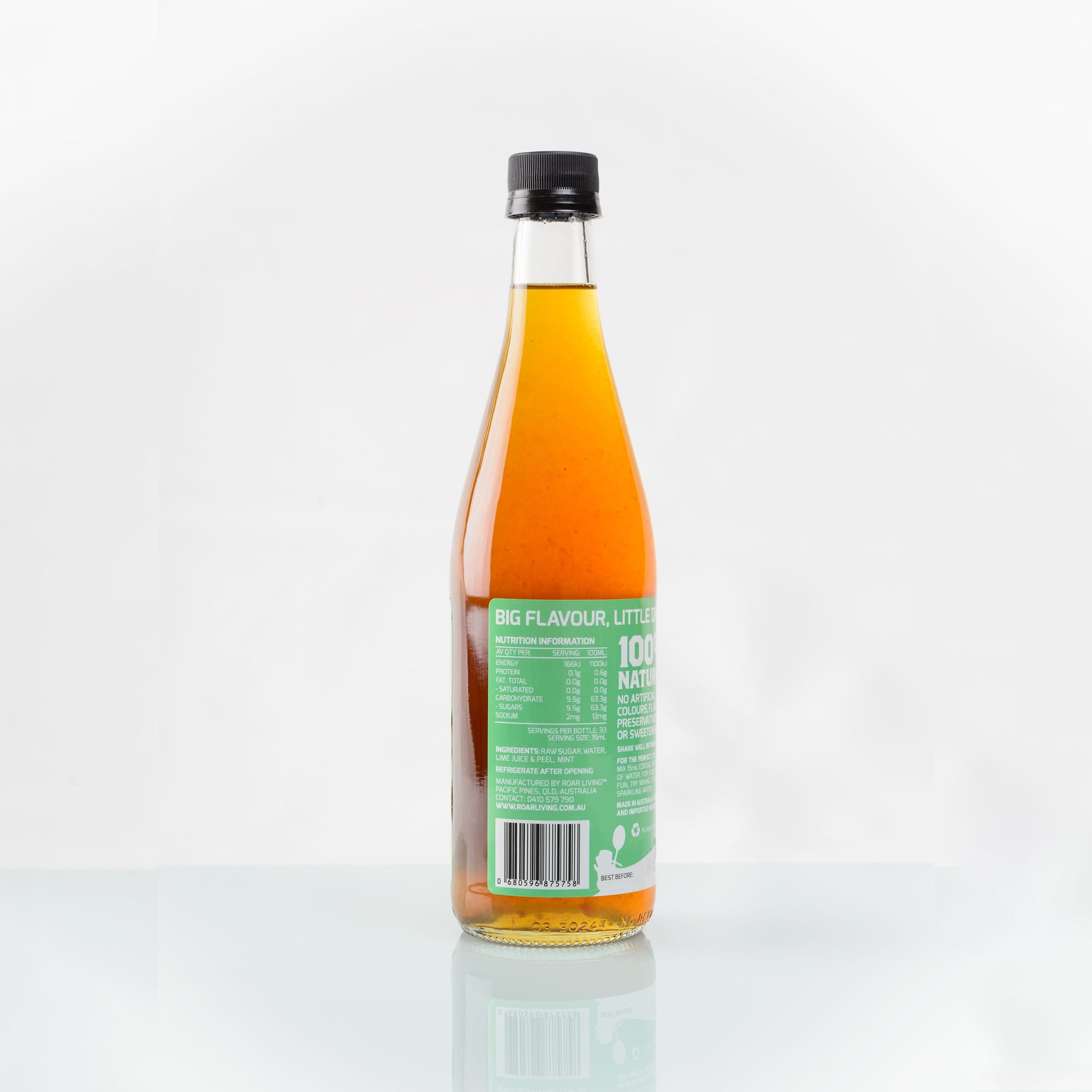 Roar living Cool Mint cordial back label. Ingredients raw sugar, water, lime juice, mint leaves. Up to 33 serves per bottle. Shake bottle before each use and place in fridge once opened 