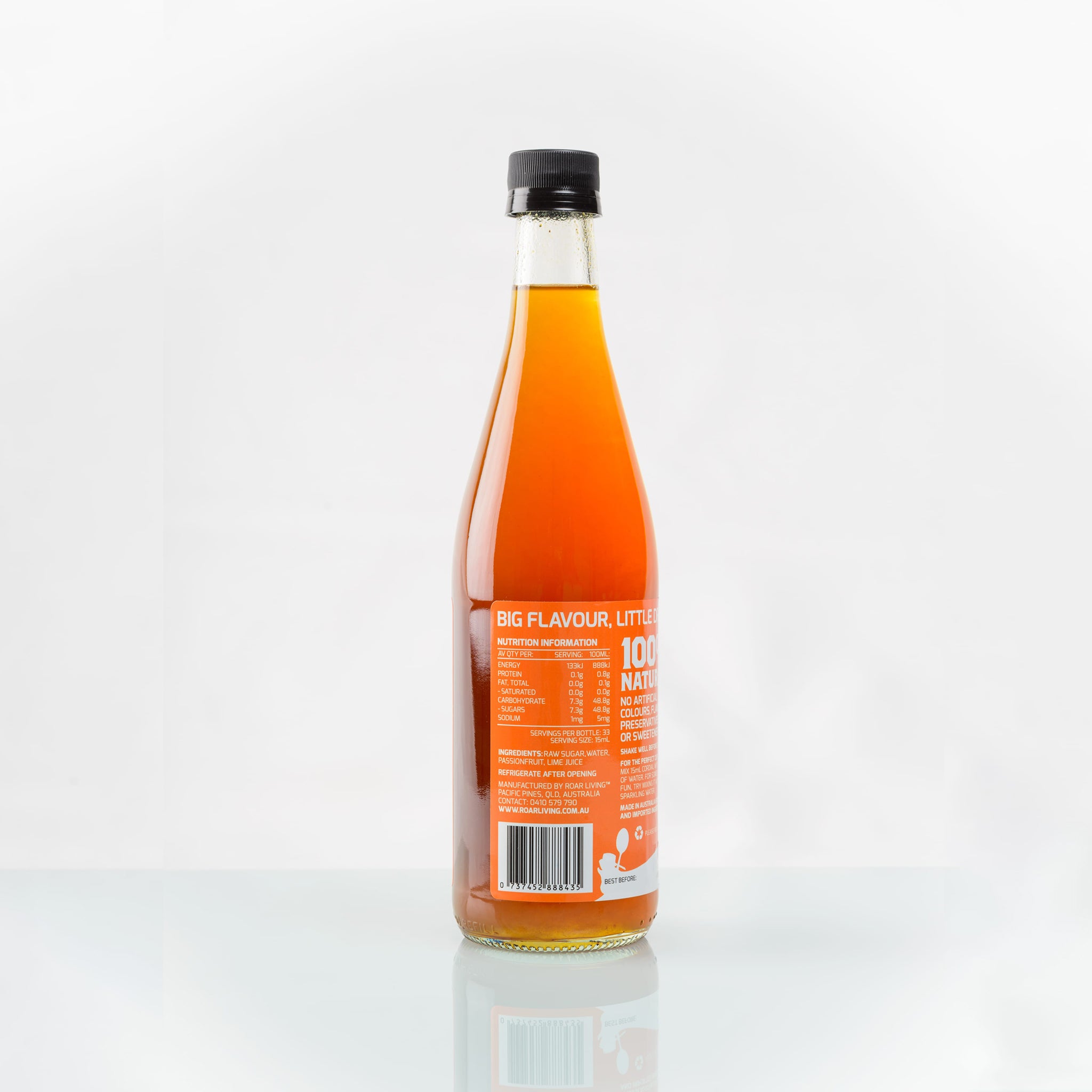 Roar Living 100% natural passionfruit cordial back label. Ingredients, raw sugar water, passionfruit, lime juice. Completely vegan and free from any nasty ingredients. Shake well before each use and place in fridge once opened 