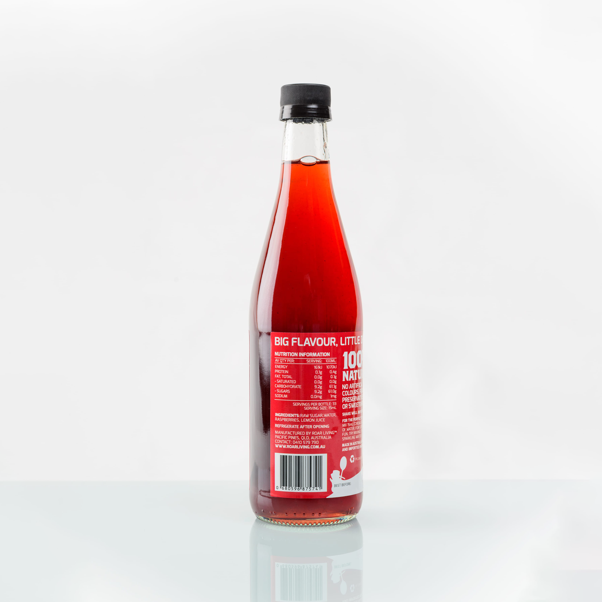Roar Living 100% natural raspberry cordial back of bottle. Ingredients list, Raw sugar, water, raspberries and lemon juice. Completely free from any synthetic 'ingredients'. Australia's family favourite Roar Living cordials is raspberry, convenience without compromise.